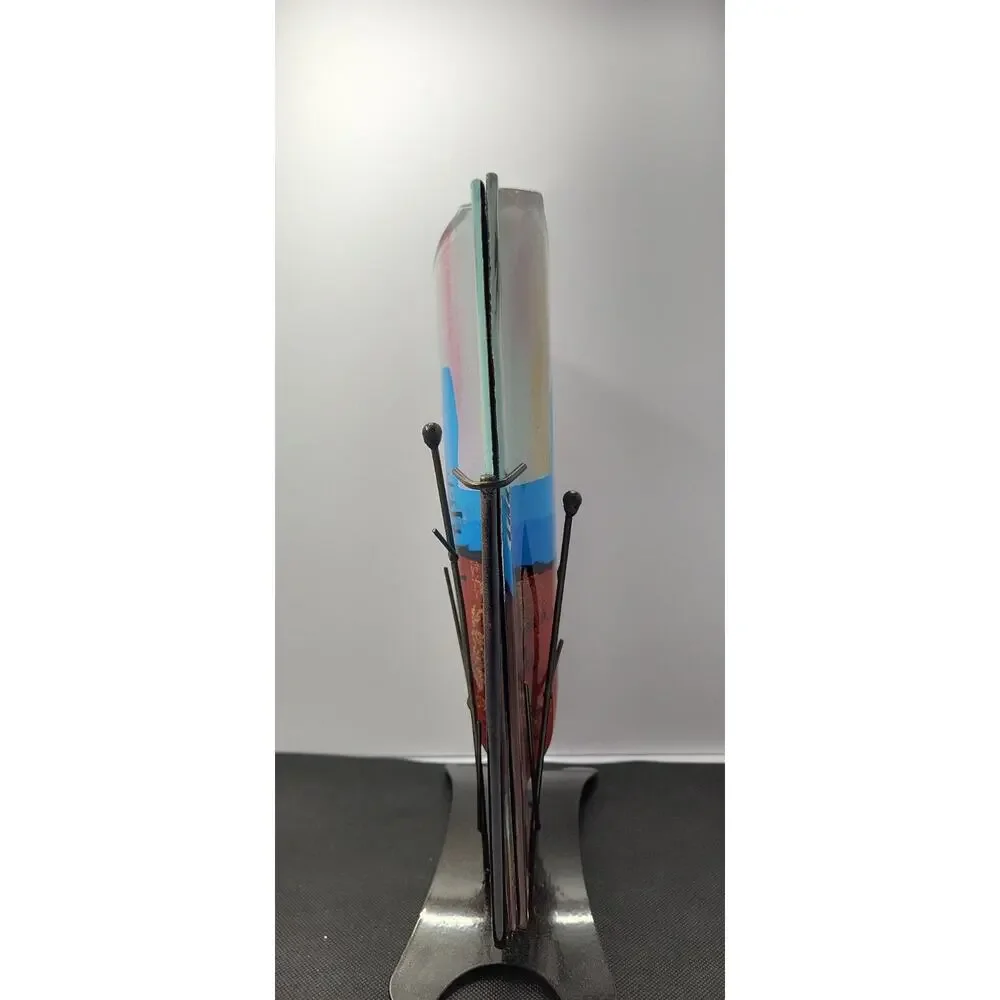 Abstract Art Glass Vase w/ Metal Stand Mid Century Modern Multicolor Decorative